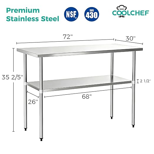 COOLCHEF Stainless Steel Work Table 30 x 72 Inch, NSF Commercial Prep Table with Undershelf, Heavy Duty Food Prep Workstation
