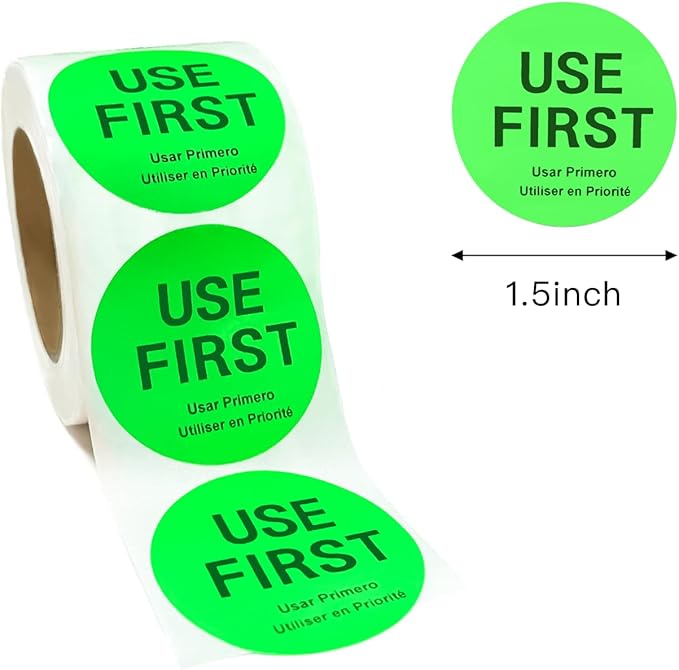 500 Pcs 1.5 Inch Use First Stickers Food Service Roll, Risepekt Green FIFO Label for Restaurant Inventory Control Management, Permanent Super Adhesive Food Circle Dot Labels, Trilingual Product Labels