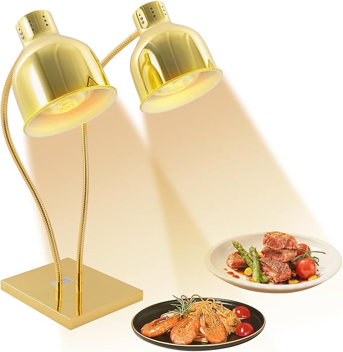 Food Heat Lamp Warmer Gold, 500W Double Bulbs Buffet Display Heating Preservation Light, Lighting for Food Buffet, Electric Portable Infrared Heating Lamp with 360°Adjustable Head (Gold)
