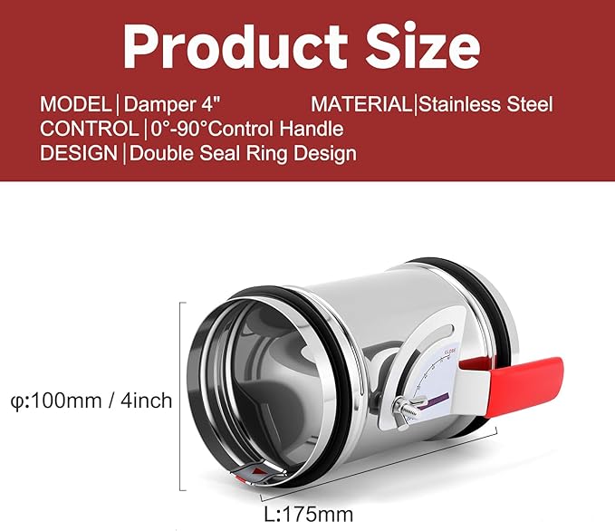 4 Inch HVAC Duct Manual Volume Backdraft Damper,Stainless Steel Airflow Control Valve With Adjustment Handle,Duct Damper for HVAC Ventilation System (4inch)