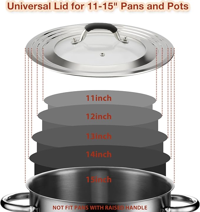 15 Inch Large Universal Pans Pots Lid Cover Fits 11/12/13/14/15" Frying Pans/Pots/Woks, Stainless Steel and Tempered Glass Lid with Vent Hole and Heat Resistant Handle