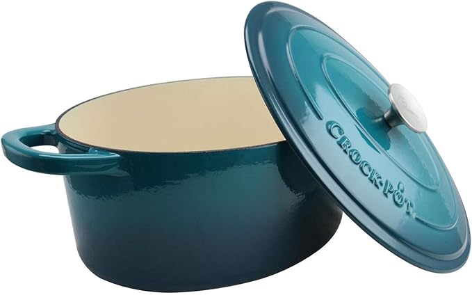 Crock-Pot Artisan 7-Quart Oval Enameled Cast Iron Dutch Oven – Teal Ombre, Durable Cookware for Slow Cooking, Roasting, Baking with Lid