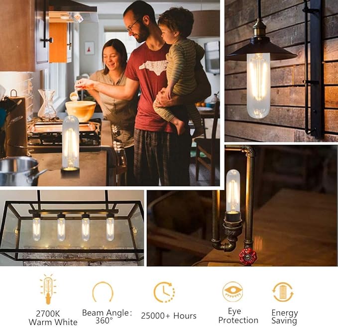 T10 Edison LED Tube Bulbs - Warm White, 2700K, Dimmable - Vintage Style, 4W Equivalent to 40W Incandescent, E26 Base, 3 Pack for Pendant Lights & Desk Lamps