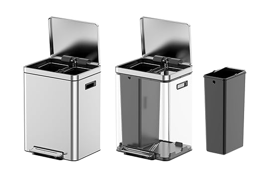 Dual Compartment Kitchen Trash Can with Lid 40l, Stainless Steel Step Trash Can with 2 Buckets, Soft-Close Foot Pedal Recycling Bin, Fingerprint-Resistant for Home, Kitchen, Office Waste Sorting