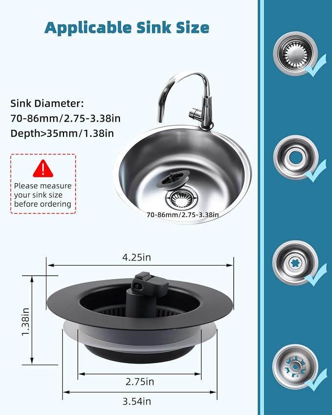 Universal 3 in 1 Kitchen Sink Drain Strainer Stopper Combo, Matteblack - Image 3