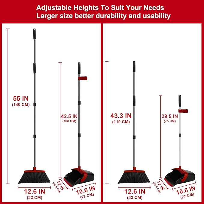Red Broom and Dustpan Combo Set, Extended Reach Design, Built-in Comb Dustpan - Image 4