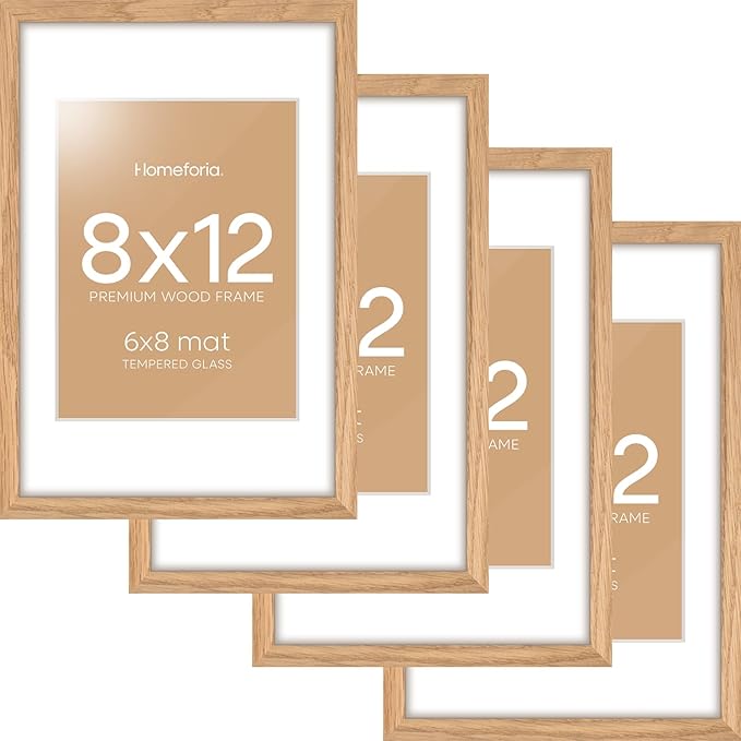 Homeforia 8x12 Picture Frame Wood, High End Natural Oak 8 x 12 Light Wooden Frames with Mat 6 by 8 inch Photo, 8by12 Frame Matted to 6x8 Art, Wall or Tabletop Frame, Tempered Glass, Wall Kit, Set of 4