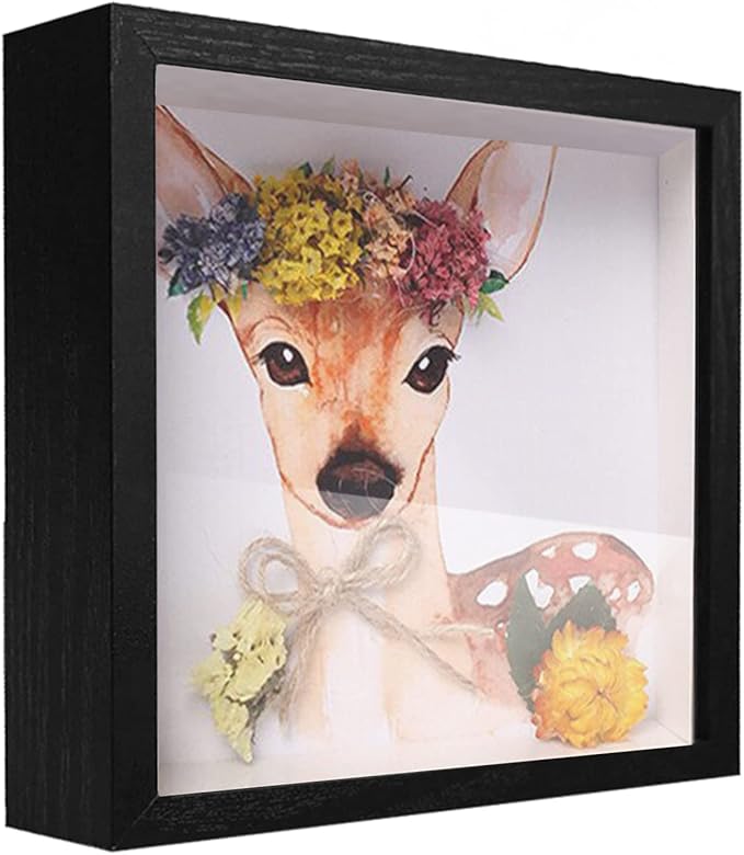 8x8 Shadow Box Frame Display Case, Wood with Plexiglass, Display Case Box for Memorabilia, Medal, Crafts,Tickets and Photos, Picture Frame for Wall and Tabletop (Black, 8x8)