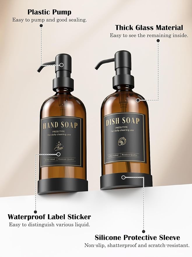 Luxspire 17 oz Glass Liquid Soap Dispenser Set, Amber + Dark Gray, 2 Pack | - Image 2