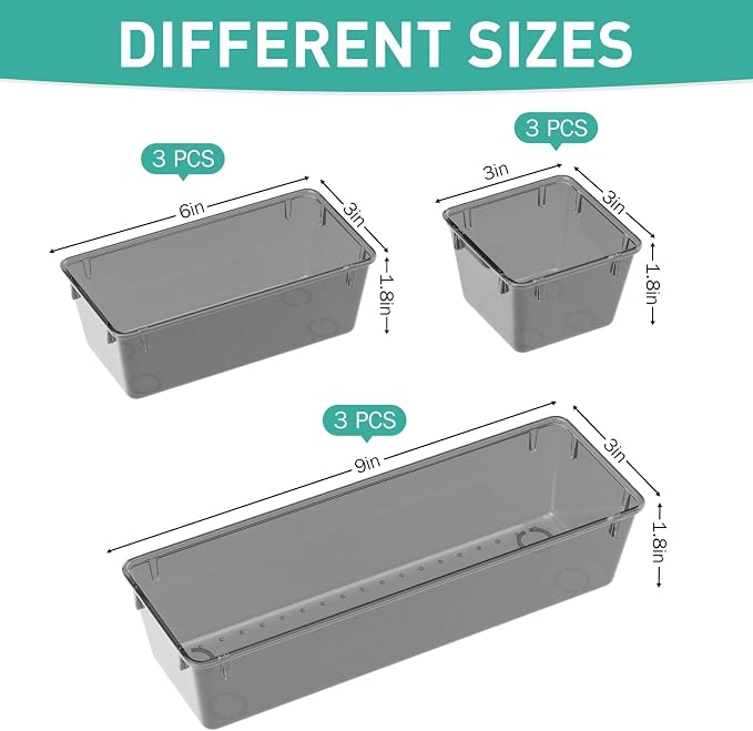 9 Pack Clear Drawer Organizer Set, Drawer Storage Trays, Storage Bins | Acrylic - Image 2