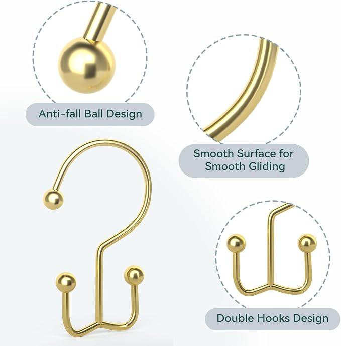 Shower Curtain Hooks, Durable Gold Shower Curtain Hooks, Double Glide Shower - Image 4
