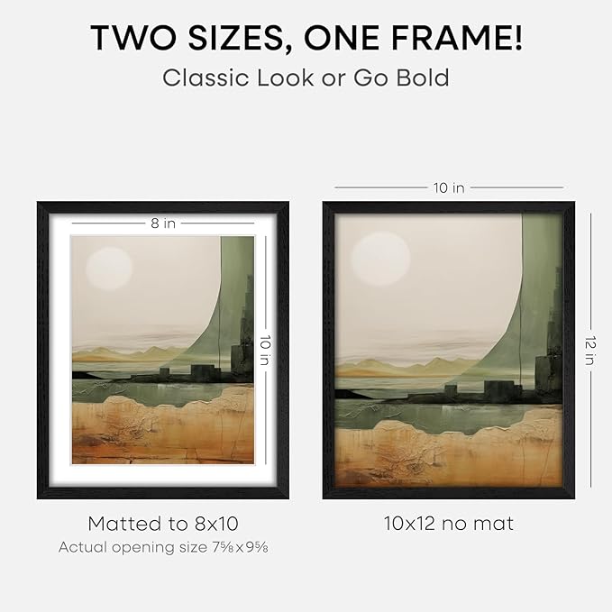 Homeforia 10x12 Picture Frame Black Wood, High End Oak 10x12 Poster Frames with Mat 8x10, 10 x 12 Wooden Frame Matted to 8 x 10 inch Photo, 12x10 Thin Hanging Frame, Tempered Glass, Wall Kit, Set of 1