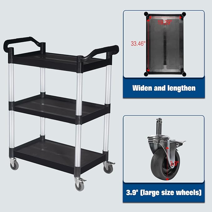 Plastic Commercial Cart Large Size, Restaurant Cart with Wheels Lockable, Heavy Duty Utility Service Cart for Foodservice, Commercial,Office, Warehouse, Black, 40.15X 19.29x 38.97 inches.