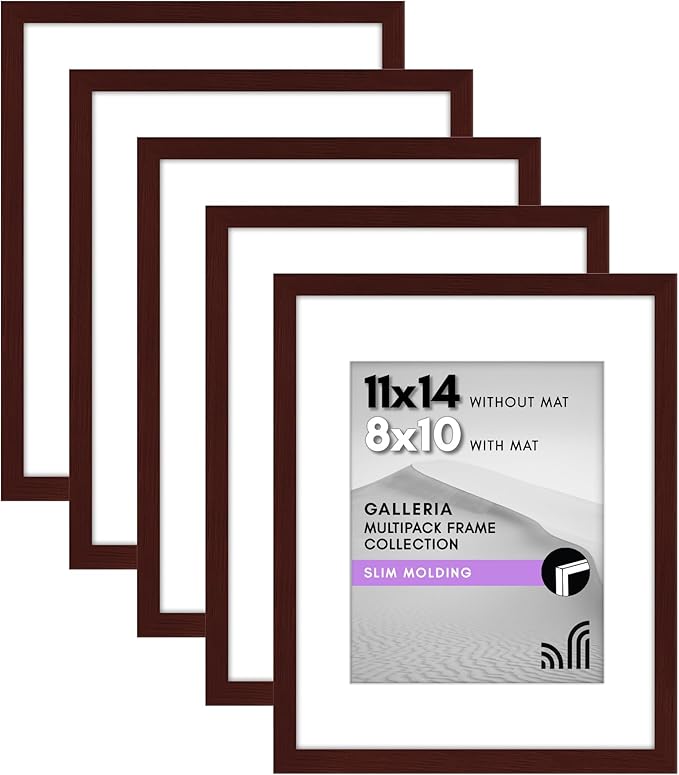 Americanflat 11x14 Picture Frame with Polished Plexiglass - Set of 5 - Use as 8x10 Frame with Mat or Display 11x14 Photo Without Mat - Galleria Collection - Picture Frames for Wall Display - Mahogany
