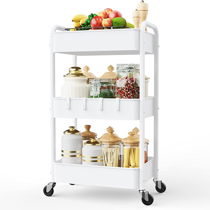LEHOM 3 Tier Rolling Storage Cart, Metal Trolley Utility Cart with Wheels & Hooks, Easy Assembly Organizer Storage Cart for Bathroom Kitchen Office Bedroom