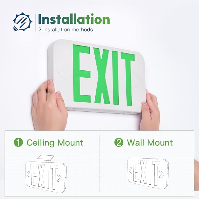 FREELICHT Green LED Exit Sign with Battery Backup，Exit Sign for Business，Easy to Install，UL Certified，AC 120/277V，Pack of 6