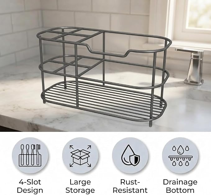 Bathway Toothbrush Holder for Bathroom, 6.9"L x 3.4"W x 4"H, Matte Gray - Image 3