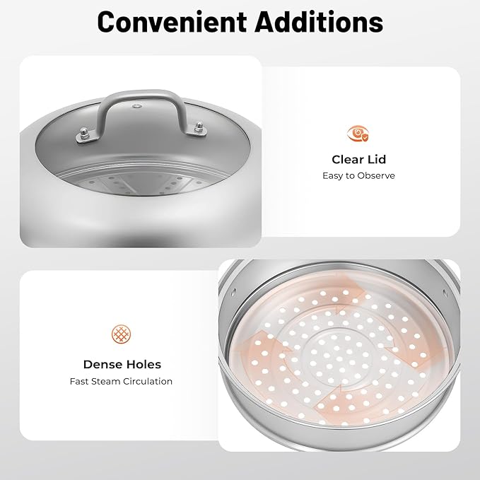 5-Tier Steamer Pot for Cooking, D12.8in Stainless Steel Steamer Cookware with Handles Glass Lid & Strainer Baskets for Food Dumpling Fish Vegetable Seafood