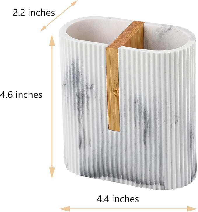 Toothbrush Holders for Bathroom, Bamboo Toothbrush Stand, Marble White | - Image 6