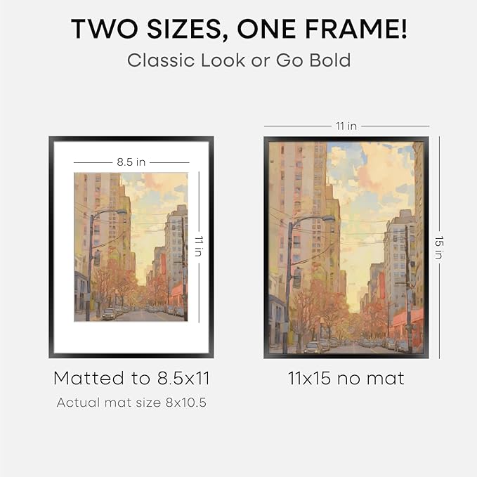 Homeforia Black 11x15 Picture Frame, High End Metal 11x15 Poster Frames with Mat 8.5x11, 11 x 15 Black Frames Matted to 8.5 x 11 inch Photo, 11 by 15 Hanging Frames, Tempered Glass, Wall Kit, Set of 3