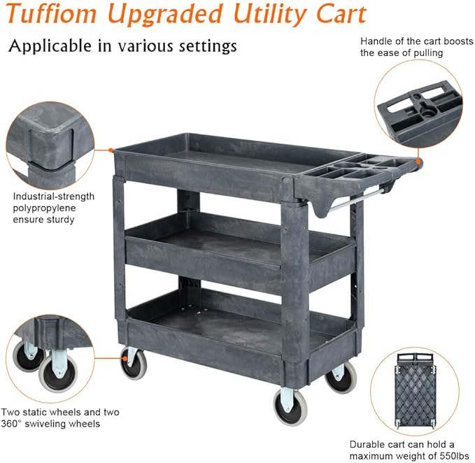 TUFFIOM Plastic Service Utility Cart with Wheels, 550lbs Capacity, Heavy Duty Tub W/Deep Shelves, Multipurpose Rolling 3-Tier Mobile Storage Organizer, for Warehouse Garage Industrial Cart