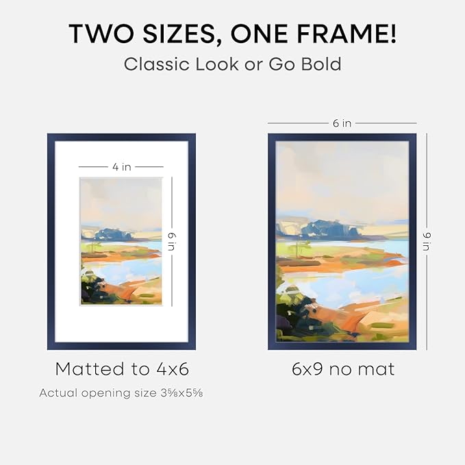 Homeforia 6x9 Picture Frame Navy Blue, High End Metal 6 x 9 Frames with Mat 4 x 6 for Print, 6by9 Desk Frame Matted to 4x6 inch Photo, 6 by 9 Wall or Tabletop Frame, Tempered Glass, Wall Kit, Set of 2