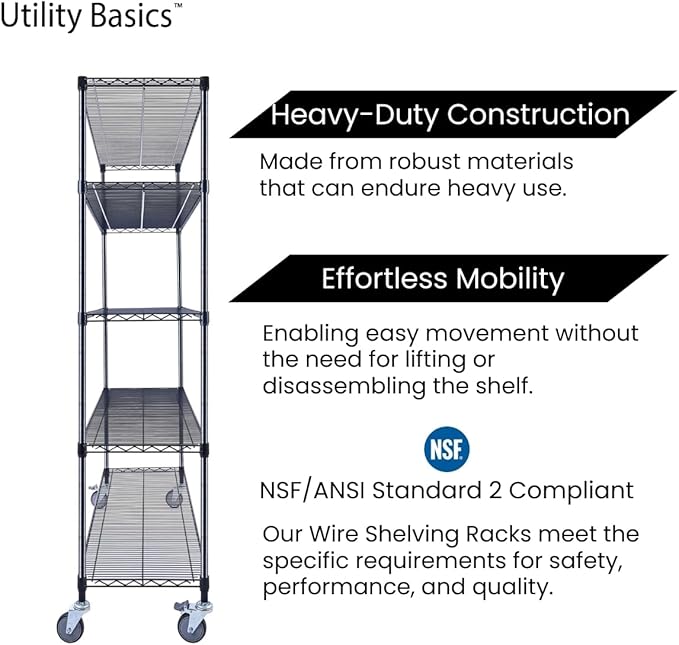 NSF Commercial 5-Tier Wire Shelving with Wheels, 60"x18"x72" Heavy Duty Metal Shelves 4000 lbs Max Capacity, Black Storage Rack for Garage Kitchen Pantry Warehouse