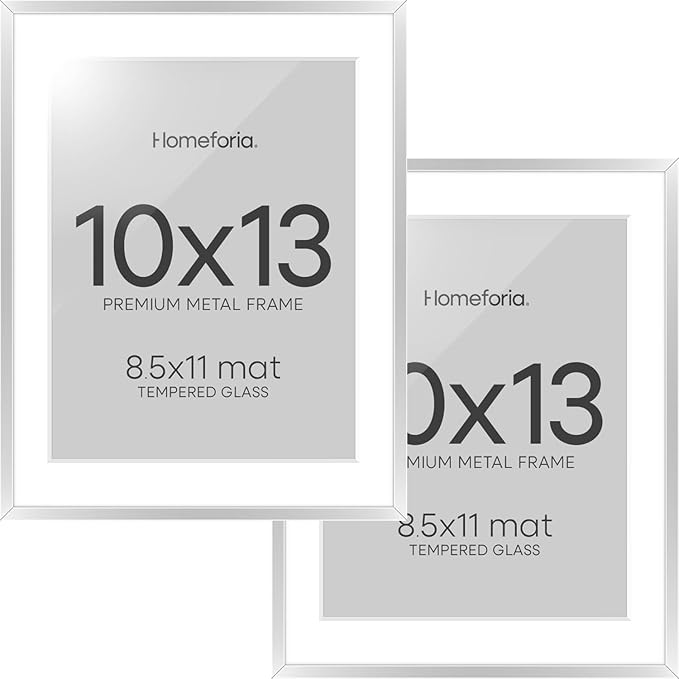 Homeforia 10x13 Picture Frame Silver, High End Metal 10x13 Frames with Mat 8.5x11, 10 x 13 Silver Poster Frames Matted to 8.5 x 11 inch Photo, 10by13 Hanging Frames, Tempered Glass, Wall Kit, Set of 2