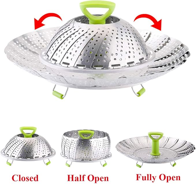 Vegetable Steamer Basket, Stainless Steel Folding Steamer Basket Insert for Veggie Fish Seafood Cooking, Expandable to Fit Various Size Pot (5.1" to 9" Triangle)