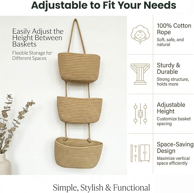 3-Tier Over the Door Hanging Basket, Cotton Rope Woven Decorative Hanging - Image 4