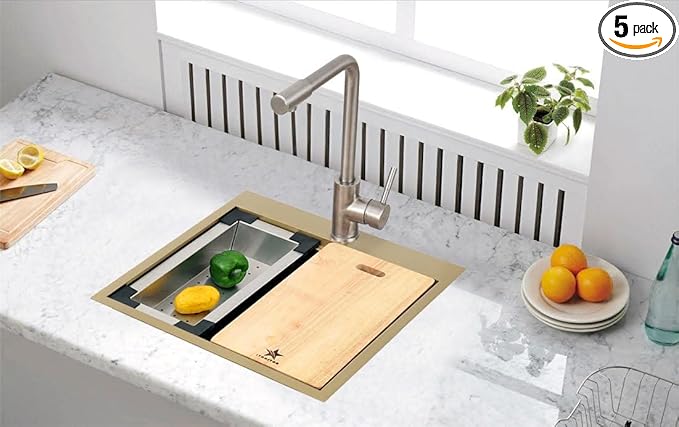 STARSTAR Workstation Ledge Topmount/Drop-in Single Bowl Satin Matte 304 Stainless Steel Kitchen/Yard/Bar/Laundry/Office Sink, With Grid, Colander, Cutting Board, Strainer (22x22x12 Gold)