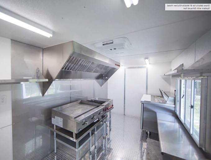Food Truck Low Profile Exhaust Hood System Includes a stainless steel exhaust hood, an exhaust fan, an adjustable duct section, and installation hardware (8' Long Hood & Fan)