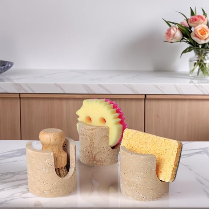 Natural Travertine Stone Sponge Holder, Compact Upright Sink Organizer - Image 8