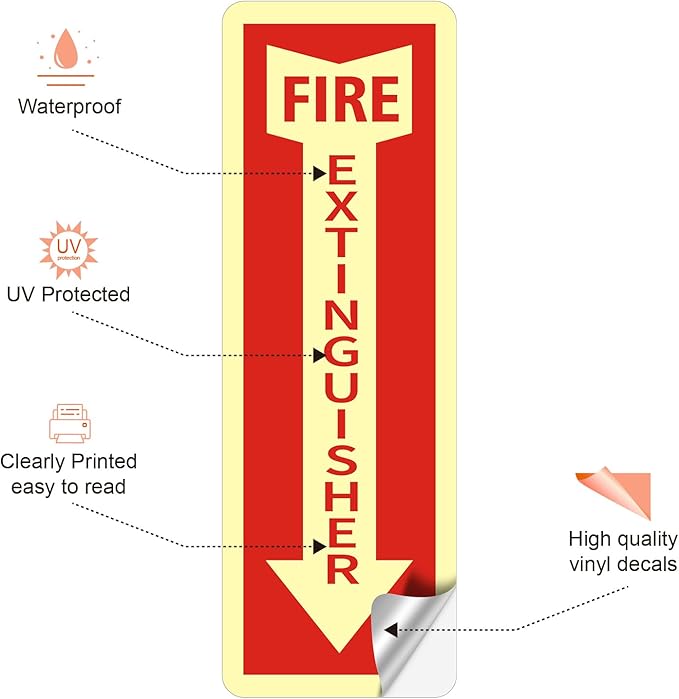 Fire Extinguisher Stickers, 2 Pack 4" X 12" Vinyl Fire Extinguisher Sign Self Adhesive Reflective,Easy to Apply and Stick,Weatherproof, UV Protected,Indoor Outdoor use,Glow in the Dark