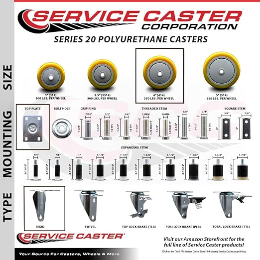 Service Caster Brand Replacement Caster for Uline Caster H-5539R-Rigid Top Plate Caster with 4 Inch Yellow Polyurethane Wheel-Light Duty Replacement Caster-Fits Cart, Dollies and Poly Box Truck H-1956