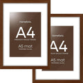 Homeforia A4 Picture Frame Brown Wood, High-End Dark Oak 8.3 x 11.7 Poster Walnut Frames Matted to 5.8 by 8.3 inch Photo, A4 Size Wooden Frame with Mat for A5 Print, Tempered Glass, Wall Kit, Set of 2