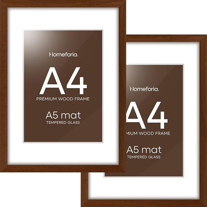Homeforia A4 Picture Frame Brown Wood, High-End Dark Oak 8.3 x 11.7 Poster Walnut Frames Matted to 5.8 by 8.3 inch Photo, A4 Size Wooden Frame with Mat for A5 Print, Tempered Glass, Wall Kit, Set of 2