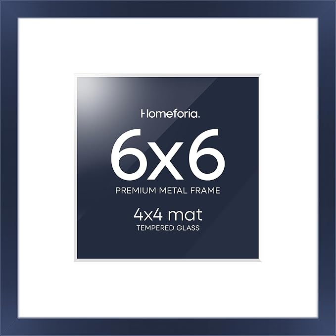 Homeforia 6x6 Frame Navy Blue, High End Metal 6 x 6 Square Picture Frames with Mat 4 by 4 Art, 6x6 Photo Frame Matted to 4x4 inch Print, 6by6 Wall or Tabletop Frames, Tempered Glass, Wall Kit, Set of 1
