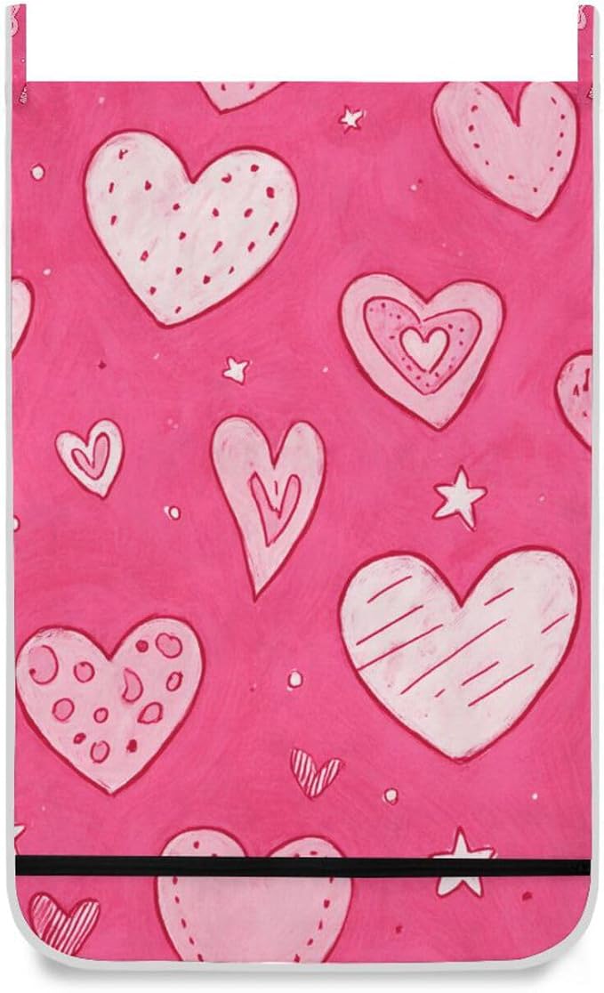 Hot Pink Hearts Stars Hanging Laundry Hamper Door Hampers Bag Basket - Image 2