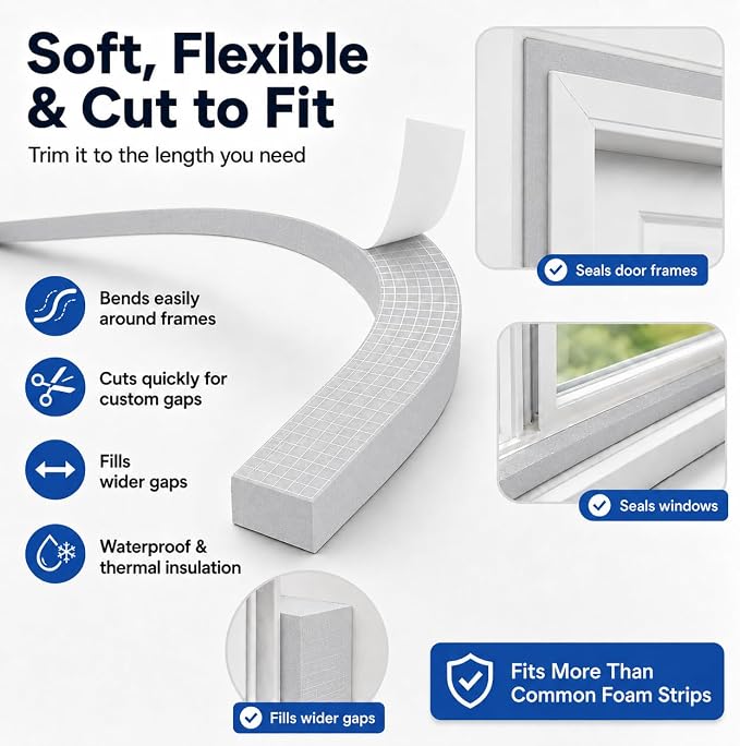 1" x 2" EVA Foam Weather Stripping Tape, 6.5FT Self-Adhesive Foam Seal Strip - Image 3