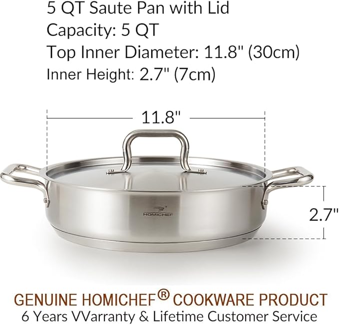 HOMICHEF Braiser Pan 5 Quart with Lid Nickel Free Stainless Steel - Matte Polished Deep Saute Pan Non Toxic - 5 Qt Braiser with Stainless Steel Lid Induction