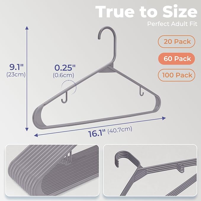 HOUSE DAY Grey Plastic Hangers 60 Pack, Slim Space-Saving Clothes Hangers | - Image 3