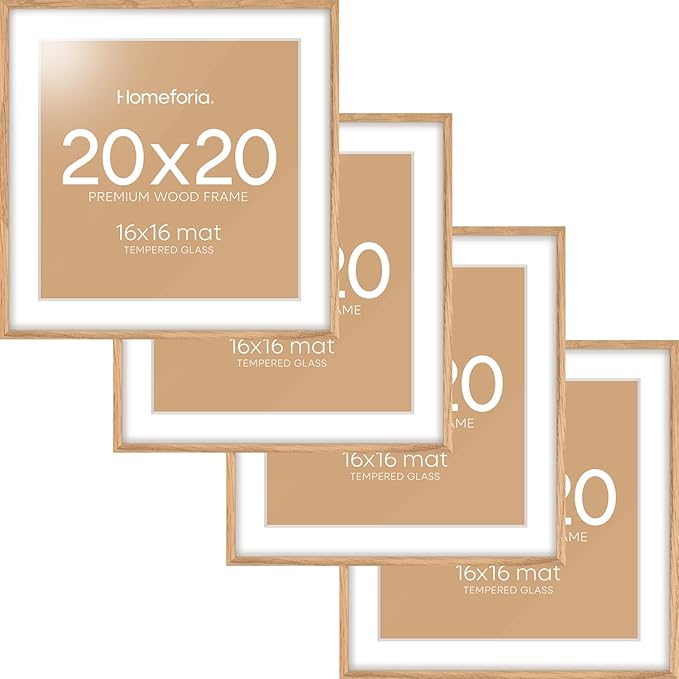 Homeforia 20x20 Wood Picture Frame, High End Natural Oak 20 x 20 Square Light Wooden Frames with Mat 16 by 16 inch Photo, 20by20 Poster Frames Matted to 16x16 Print, Tempered Glass, Wall Kit, Set of 4