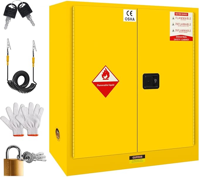 Flammable Storage Cabinet 60 Gallon Yellow, Galvanized Steel Large-Capacity Hazardous Storage Cabinet, Dual Vents & 3-Point Lock for Warehouses, Industrial Use & Residential Garages