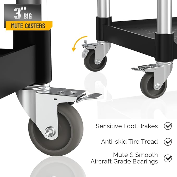TUFFIOM 3-Tier Plastic Service Utility Cart with Wheels, Heavy Duty 390lbs Capacity, Commercial Rolling Ideal for Restaurant, Foodservice, Office, Warehouse, Black 34.8''L x 17.4''W x 38.6''H