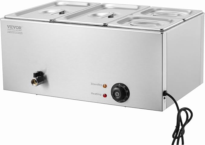 VEVOR 4-Pan Commercial Food Warmer, 24QT Electric Steam Table, 1200W Professional Countertop Stainless Steel Buffet Bain Marie with 86-185°F Temp Control for Catering and Restaurants, Silver
