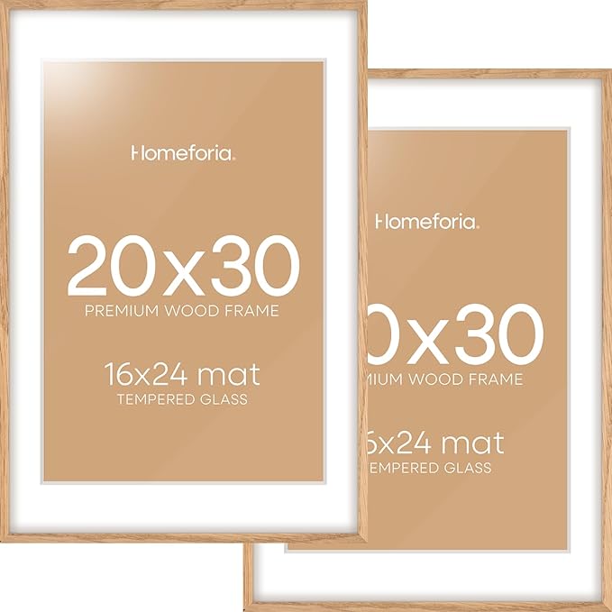 Homeforia 20x30 Picture Frame Wood, High End Natural Oak 20 x 30 Frame with Mat 16 by 24, 20x30 Light Wooden Poster Frames Matted to 16x24 Photo, 30by20 Large Frame, Tempered Glass, Wall Kit, Set of 2