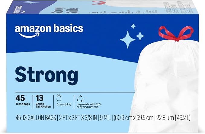 Amazon Basics Trash Bags, Tall Kitchen Drawstring, 13 Gallon, Packaging May Vary by AmazonBasics
