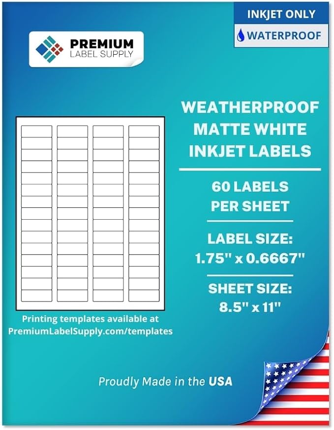 Premium Label Supply Waterproof White Return Address Sticker Labels – 1.75" x 0.667" – Inkjet Printers Only – (60 per Sheet), 1000 Sheets - 60,000 Total Adhesive Labels