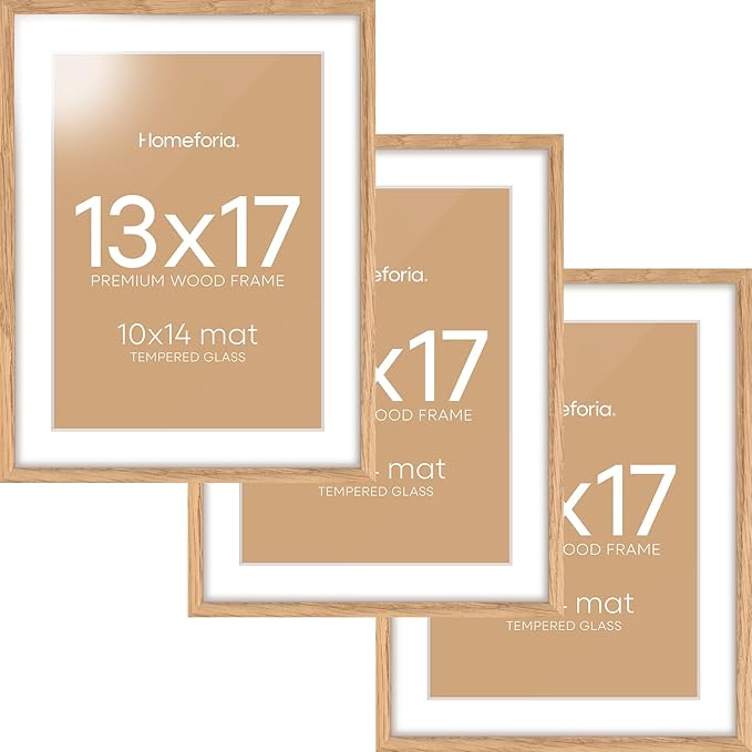 Homeforia 13x17 Picture Frame Natural Wood, High End Oak 13x17 Light Wooden Poster Frame with Mat 10x14, 13 x 17 Frames Matted to 10 x 14 Photo, 17x13 Hanging Frame, Tempered Glass, Wall Kit, Set of 3